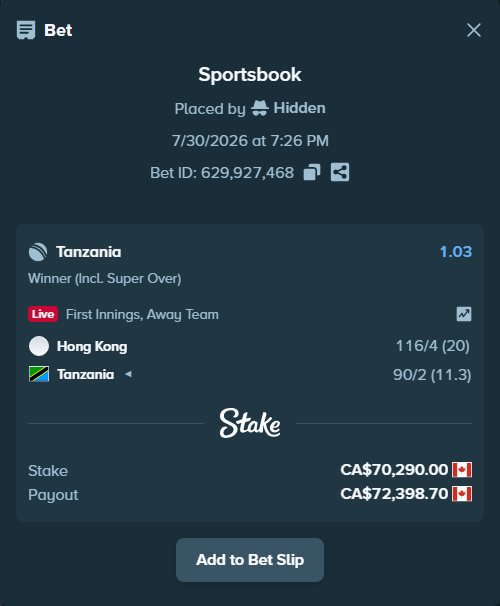 Bet slip: Hong Kong, China - Tanzania, $52,014.60 stake at 1.03 odds, placed by Hidden