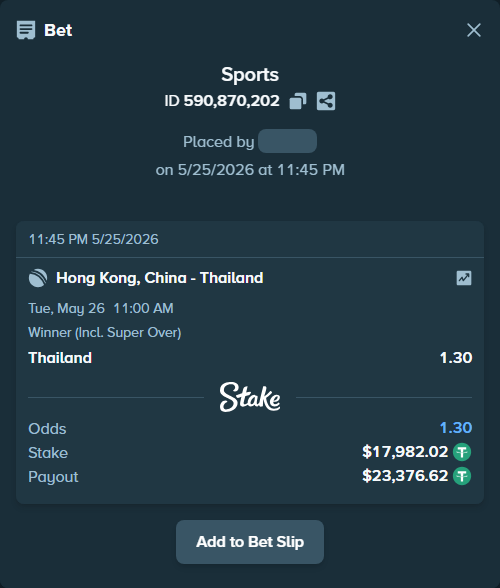 Bet slip: Hong Kong, China - Thailand, $18,000.00 stake at 1.30 odds, placed by mridul365365