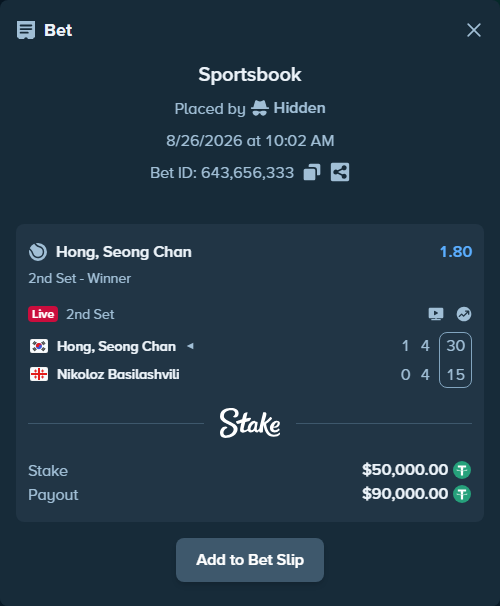 Bet slip: Hong, Seongchan - Nikoloz Basilashvili, $50,000.00 stake at 1.80 odds, placed by Hidden