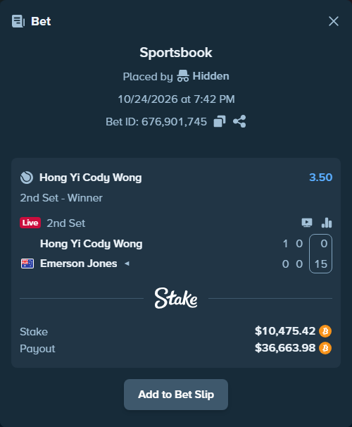 Bet slip: Hong Yi Cody Wong - Emerson Jones, $10,467.99 stake at 3.50 odds, placed by betgood23
