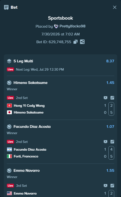 Bet slip: Hong Yi Cody Wong - Himeno Sakatsume, $57,372.63 stake at 1.45 odds, placed by Prettylfacko98