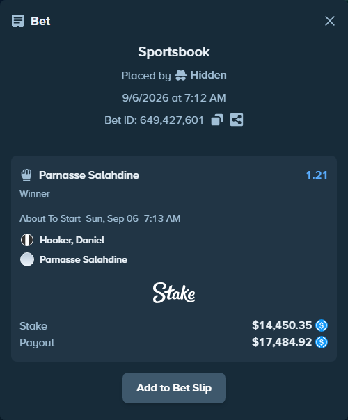 Bet slip: Hooker, Daniel - Parnasse Salahdine, $14,450.35 stake at 1.21 odds, placed by Hidden