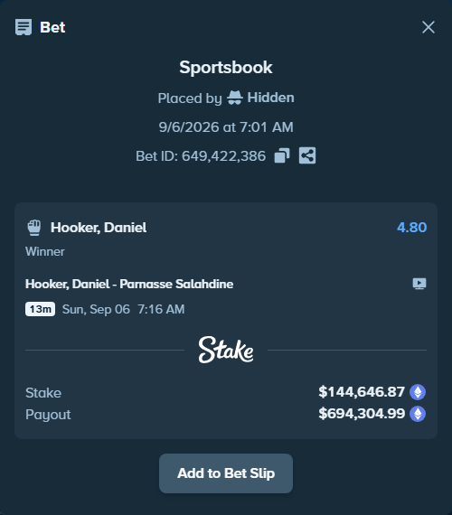 Bet slip: Hooker, Daniel - Parnasse Salahdine, $144,641.07 stake at 4.80 odds, placed by Hidden