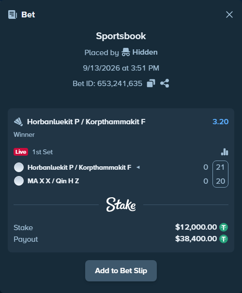 Bet slip: Horbanluekit P / Korpthammakit F - MA X X / Qin H Z, $12,000.00 stake at 3.20 odds, placed by Hidden