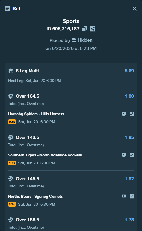 Bet slip: Hornsby Spiders - Hills Hornets, $15,088.00 stake at 1.80 odds, placed by Hidden