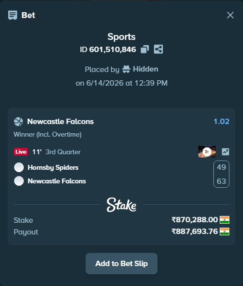 Bet slip: Hornsby Spiders - Newcastle Falcons, $10,443.46 stake at 1.02 odds, placed by Hidden