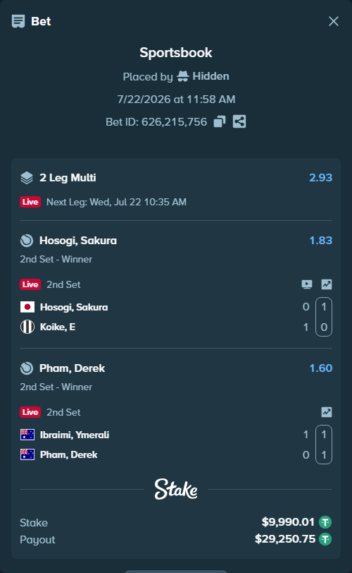Bet slip: Hosogi, Sakura - Koike, E, $10,000.00 stake at 1.83 odds, placed by Hidden