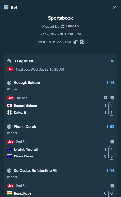 Bet slip: Hosogi, Sakura - Koike, E, $15,208.00 stake at 1.44 odds, placed by Hidden