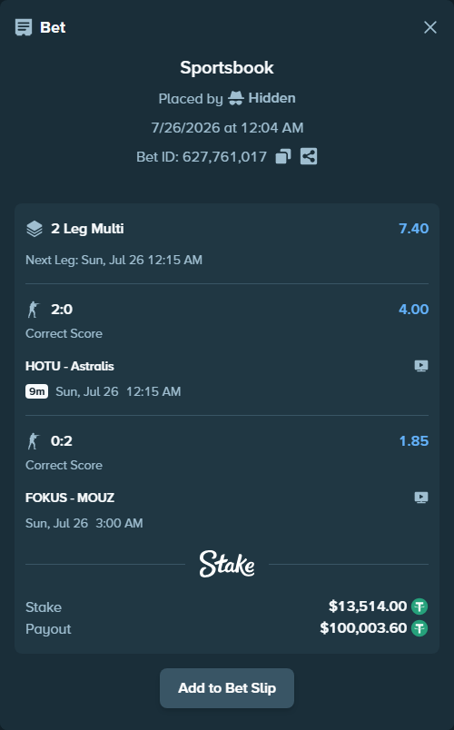 Bet slip: HOTU - Astralis, $13,514.00 stake at 4.00 odds, placed by Hidden