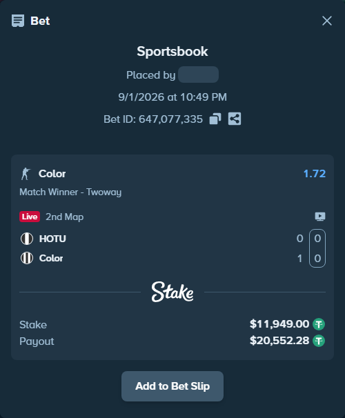 Bet slip: HOTU - Color, $11,949.00 stake at 1.72 odds, placed by fantasy7788