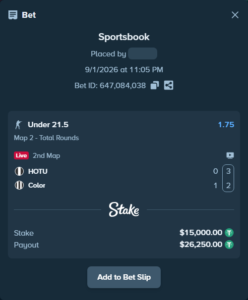 Bet slip: HOTU - Color, $15,000.00 stake at 1.75 odds, placed by saszakoncza