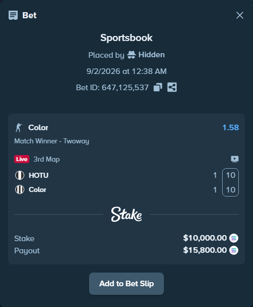 Bet slip: HOTU - Color, $9,741.17 stake at 1.58 odds, placed by Hidden