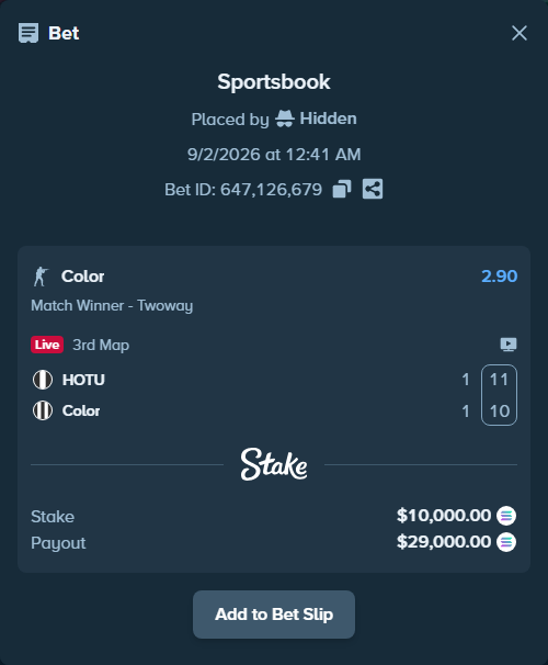 Bet slip: HOTU - Color, $9,741.17 stake at 2.90 odds, placed by Hidden