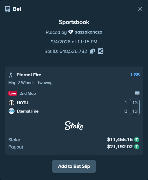Bet slip: HOTU - Eternal Fire, $11,454.00 stake at 1.85 odds, placed by saszakoncza