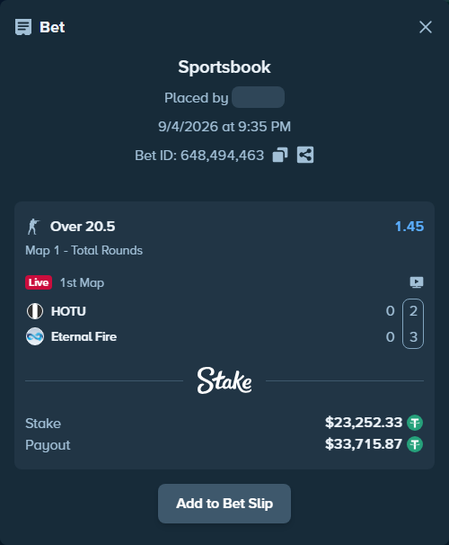Bet slip: HOTU - Eternal Fire, $23,250.00 stake at 1.45 odds, placed by saszakoncza