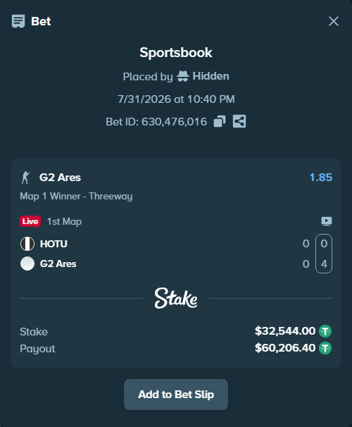 Bet slip: HOTU - G2 Ares, $32,576.54 stake at 1.85 odds, placed by Hidden