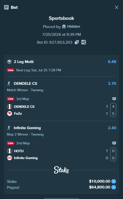 Bet slip: HOTU - Infinite Gaming, $10,000.00 stake at 2.40 odds, placed by Hidden