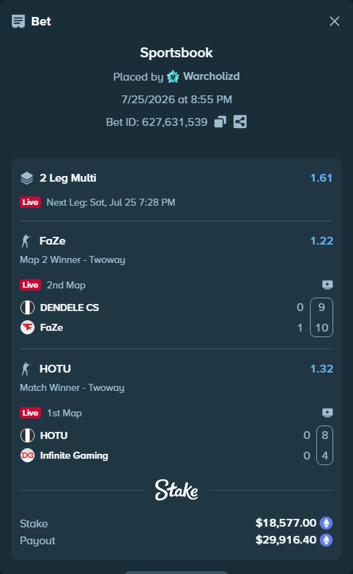 Bet slip: HOTU - Infinite Gaming, $19,024.90 stake at 1.32 odds, placed by Warcholizd