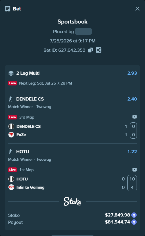 Bet slip: HOTU - Infinite Gaming, $28,537.35 stake at 1.22 odds, placed by Warcholizd