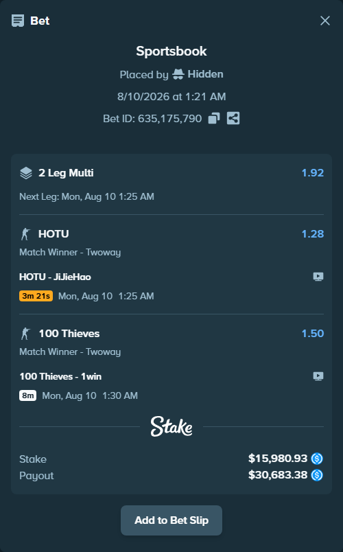 Bet slip: HOTU - JiJieHao, $15,980.93 stake at 1.28 odds, placed by Hidden