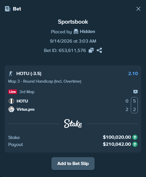 Bet slip: HOTU - Virtus.pro, $100,000.00 stake at 2.10 odds, placed by Hidden