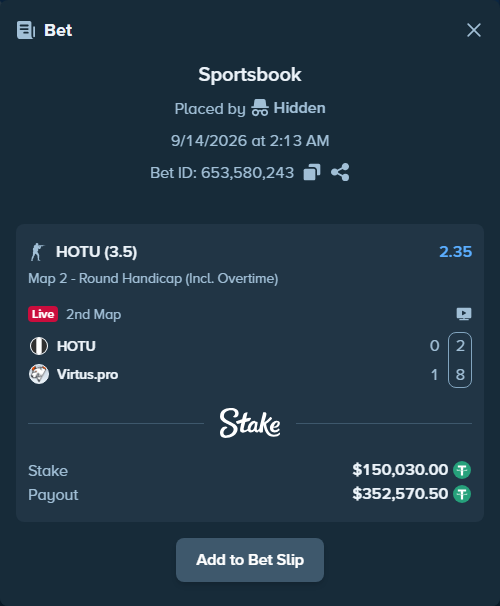 Bet slip: HOTU - Virtus.pro, $150,000.00 stake at 2.35 odds, placed by Hidden