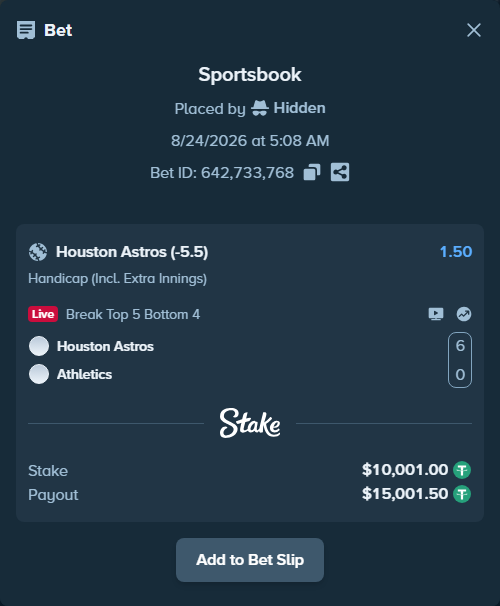 Bet slip: Houston Astros - Athletics, $10,000.00 stake at 1.50 odds, placed by Hidden