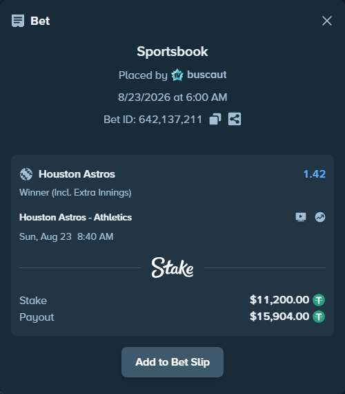 Bet slip: Houston Astros - Athletics, $11,200.00 stake at 1.42 odds, placed by buscaut