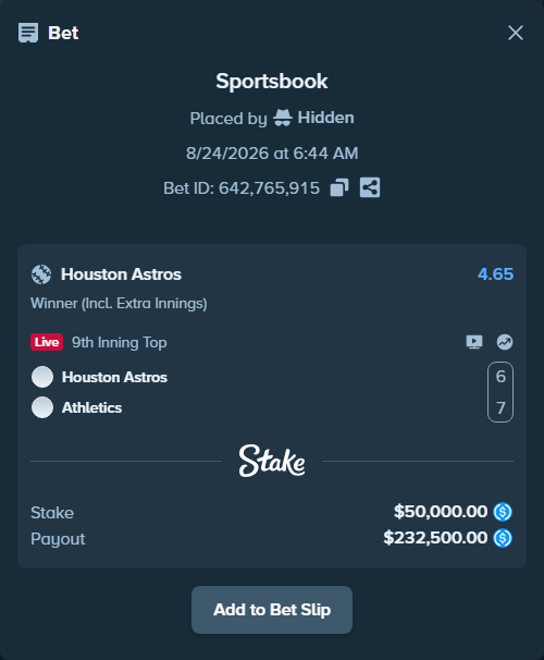 Bet slip: Houston Astros - Athletics, $50,000.00 stake at 4.65 odds, placed by Hidden