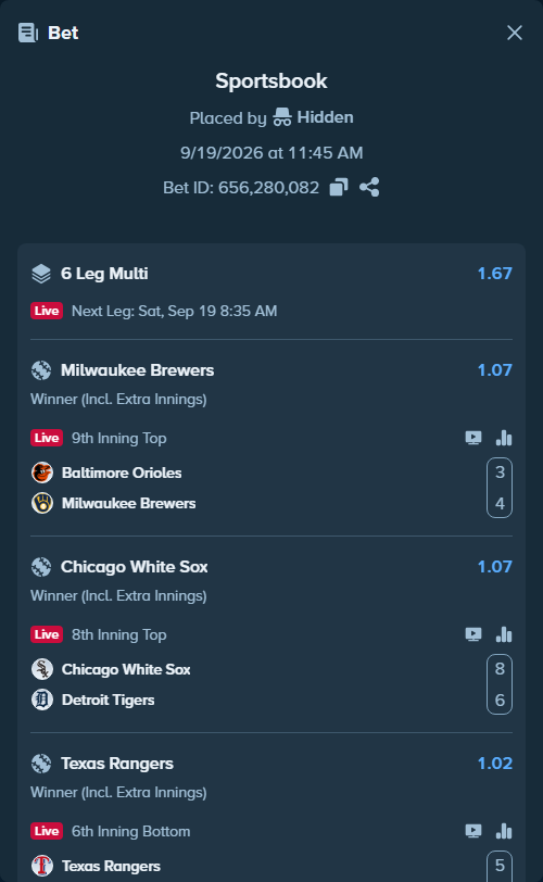 Bet slip: Houston Astros - Atlanta Braves, $10,000.00 stake at 1.04 odds, placed by Hidden