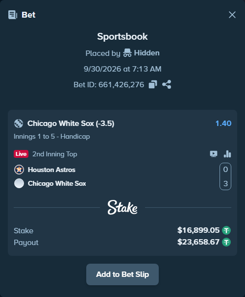 Bet slip: Houston Astros - Chicago White Sox, $16,899.05 stake at 1.40 odds, placed by oscardv1981