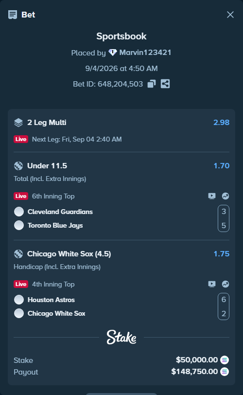 Bet slip: Houston Astros - Chicago White Sox, $49,186.68 stake at 1.75 odds, placed by Marvin123421