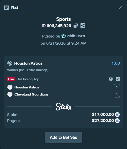 Bet slip: Houston Astros - Cleveland Guardians, $16,875.43 stake at 1.60 odds, placed by abiltiuszn
