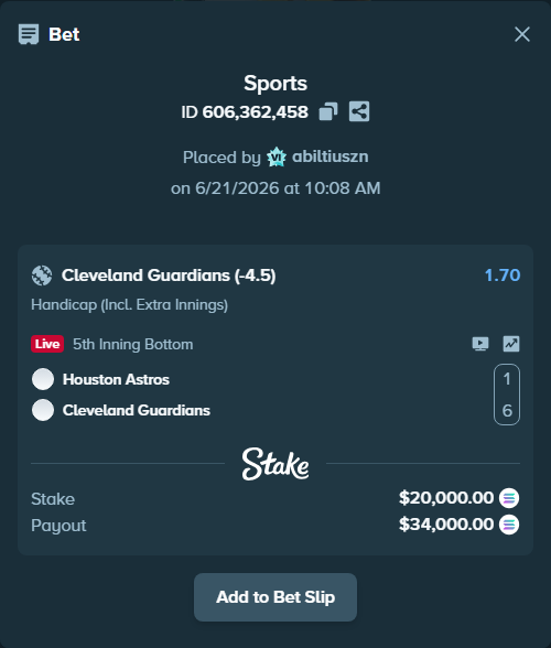 Bet slip: Houston Astros - Cleveland Guardians, $19,926.11 stake at 1.70 odds, placed by abiltiuszn