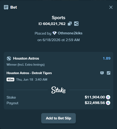Bet slip: Houston Astros - Detroit Tigers, $11,183.53 stake at 1.89 odds, placed by Othmane2kiks