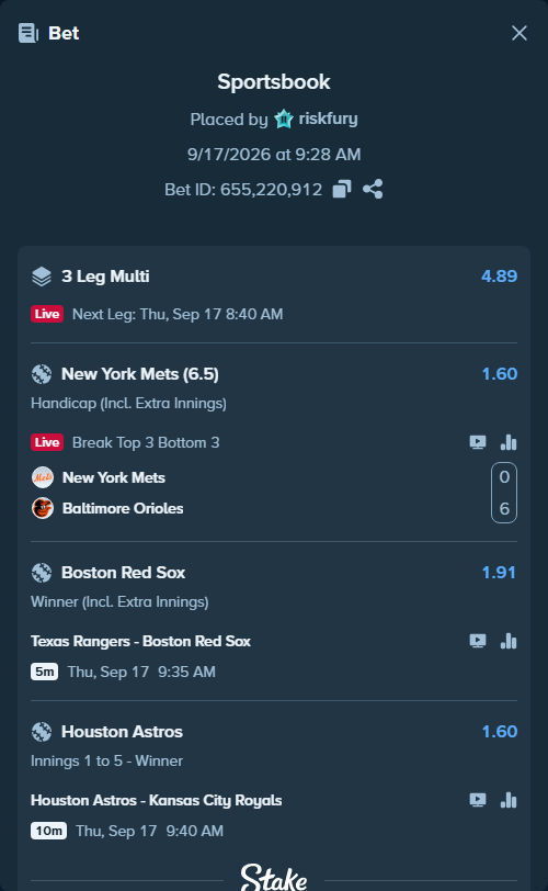 Bet slip: Houston Astros - Kansas City Royals, $10,148.11 stake at 1.60 odds, placed by riskfury