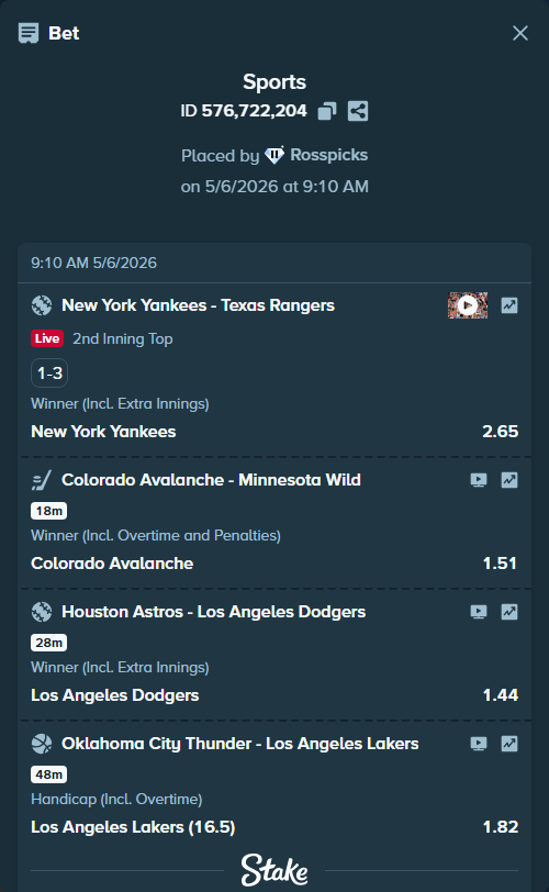 Bet slip: Houston Astros - Los Angeles Dodgers, $7,131.62 stake at 1.44 odds, placed by Rosspicks