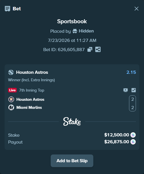 Bet slip: Houston Astros - Miami Marlins, $11,654.45 stake at 2.15 odds, placed by Marvin123421