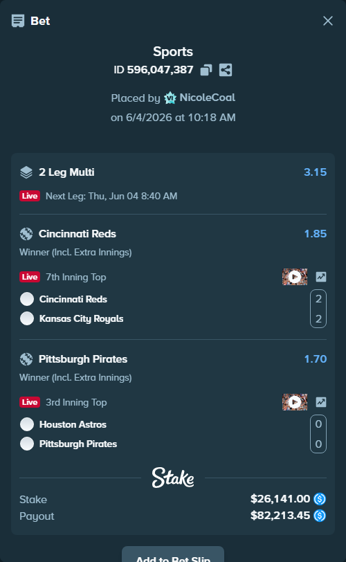 Bet slip: Houston Astros - Pittsburgh Pirates, $26,141.00 stake at 1.70 odds, placed by NicoleCoal