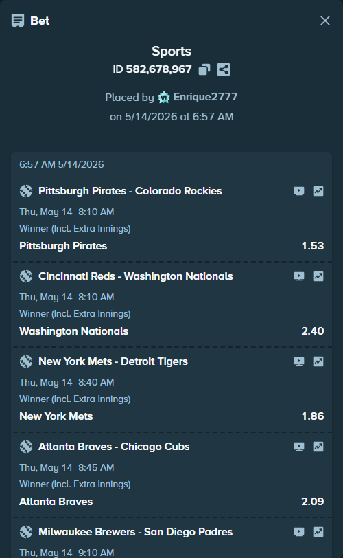 Bet slip: Houston Astros - Seattle Mariners, $16,999.00 stake at 1.75 odds, placed by Enrique2777