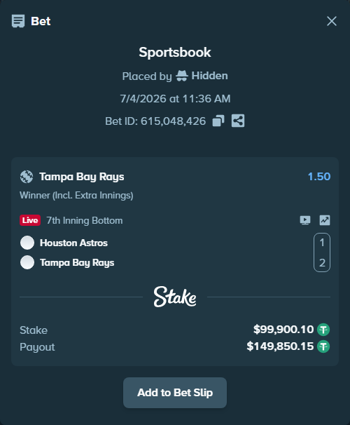 Bet slip: Houston Astros - Tampa Bay Rays, $100,000.00 stake at 1.50 odds, placed by Hidden