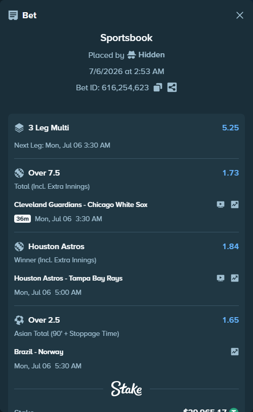 Bet slip: Houston Astros - Tampa Bay Rays, $29,995.13 stake at 1.84 odds, placed by Hidden