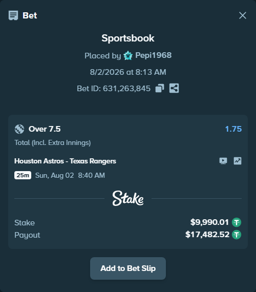 Bet slip: Houston Astros - Texas Rangers, $10,000.00 stake at 1.75 odds, placed by Pepi1968