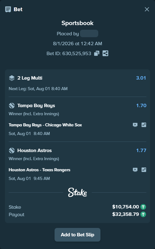 Bet slip: Houston Astros - Texas Rangers, $10,764.75 stake at 1.77 odds, placed by djawoals