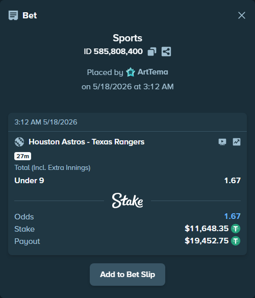 Bet slip: Houston Astros - Texas Rangers, $11,660.00 stake at 1.67 odds, placed by ArtTema