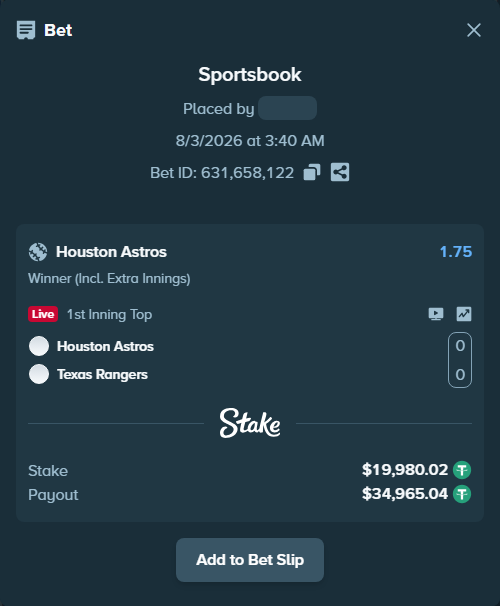 Bet slip: Houston Astros - Texas Rangers, $20,000.00 stake at 1.75 odds, placed by dvento