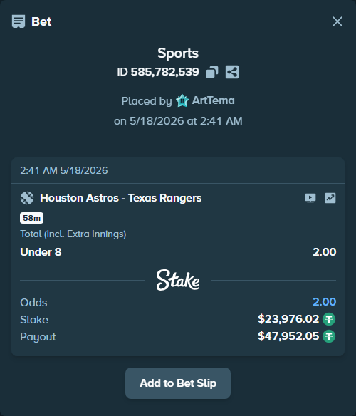 Bet slip: Houston Astros - Texas Rangers, $24,000.00 stake at 2.00 odds, placed by ArtTema