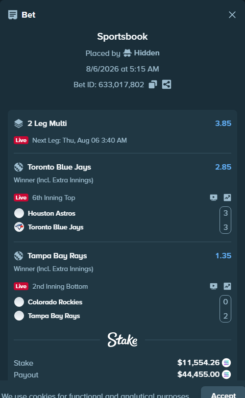 Bet slip: Houston Astros - Toronto Blue Jays, $11,276.47 stake at 2.85 odds, placed by Mashko21