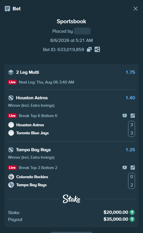 Bet slip: Houston Astros - Toronto Blue Jays, $20,020.00 stake at 1.40 odds, placed by ggochangi