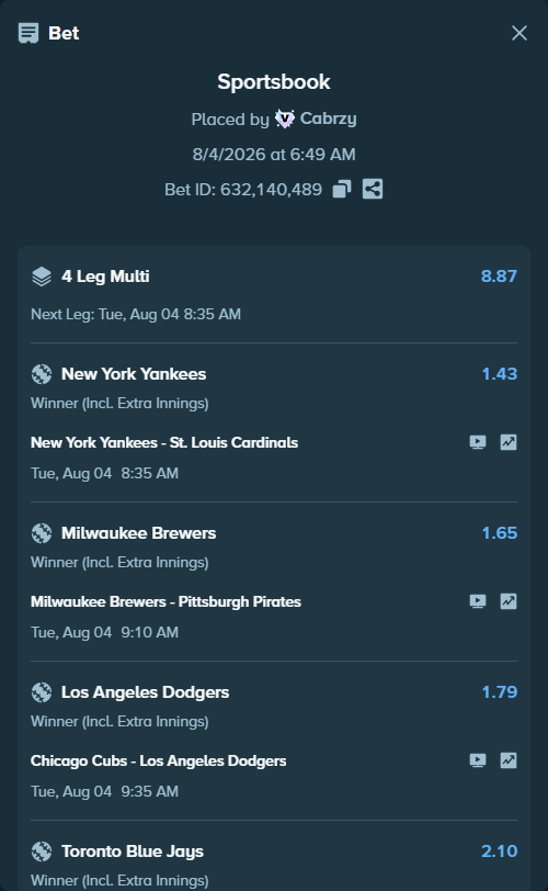 Bet slip: Houston Astros - Toronto Blue Jays, $25,000.00 stake at 2.10 odds, placed by Cabrzy